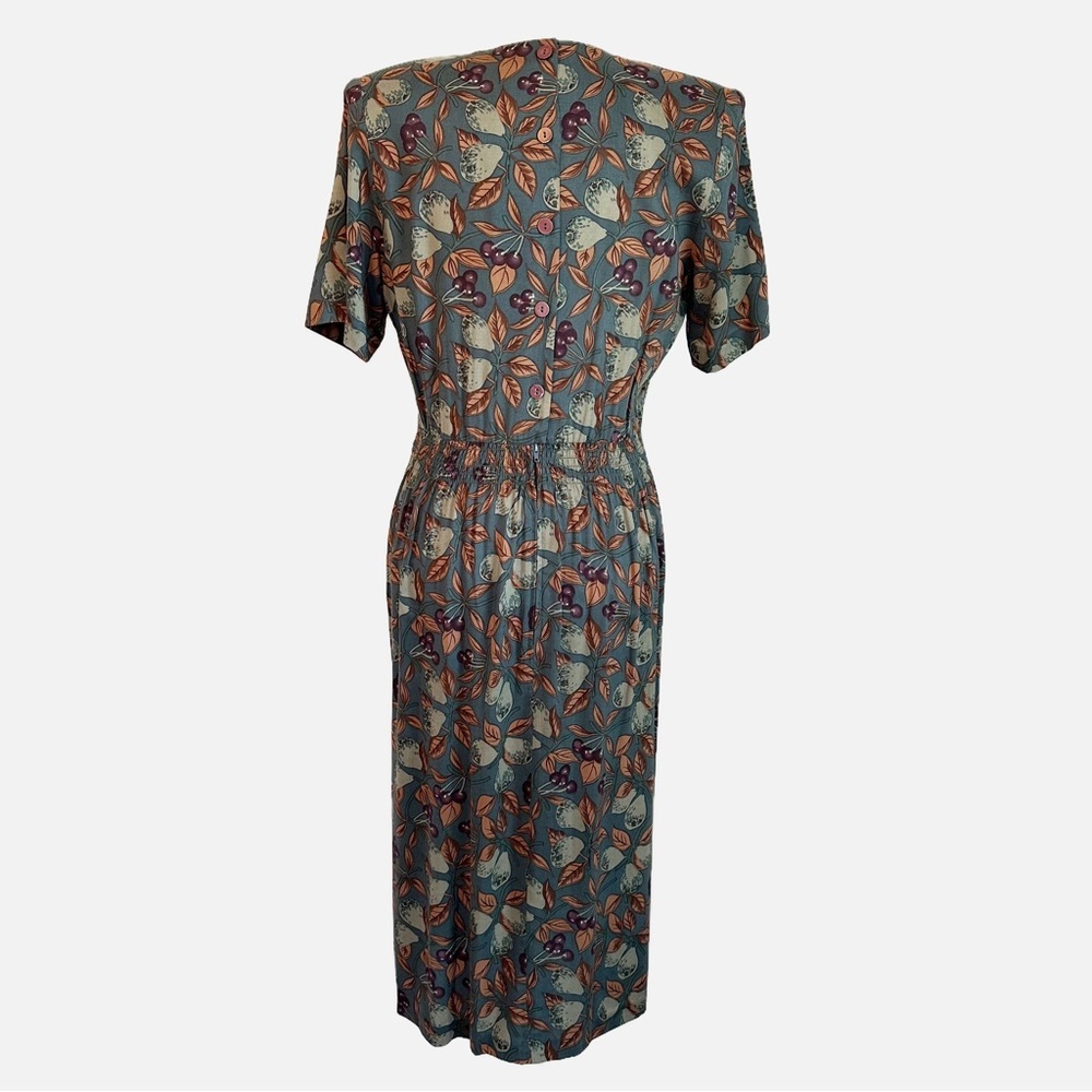 SOLD! Vintage 80's Karin Stevens Green Fruit Pleated A-Line Midi Dress 8 Petite - Picture 10 of 16